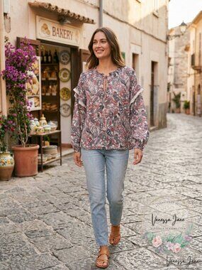 Aqua Printed Lace Trim Top